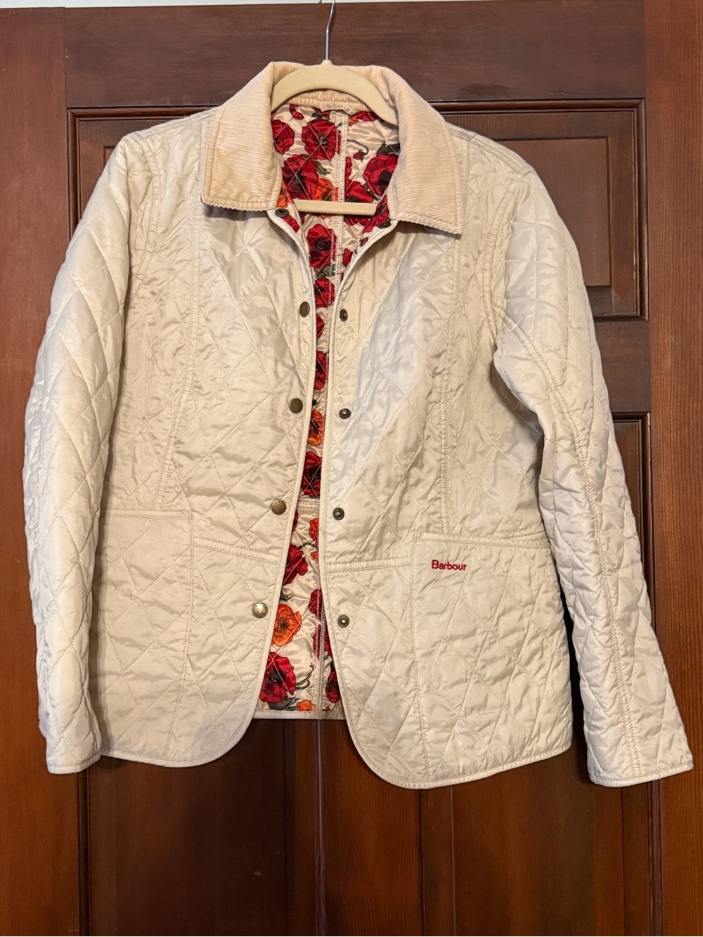 Barbour Cream Quilted Jacket with Cord Collar and Floral Lining